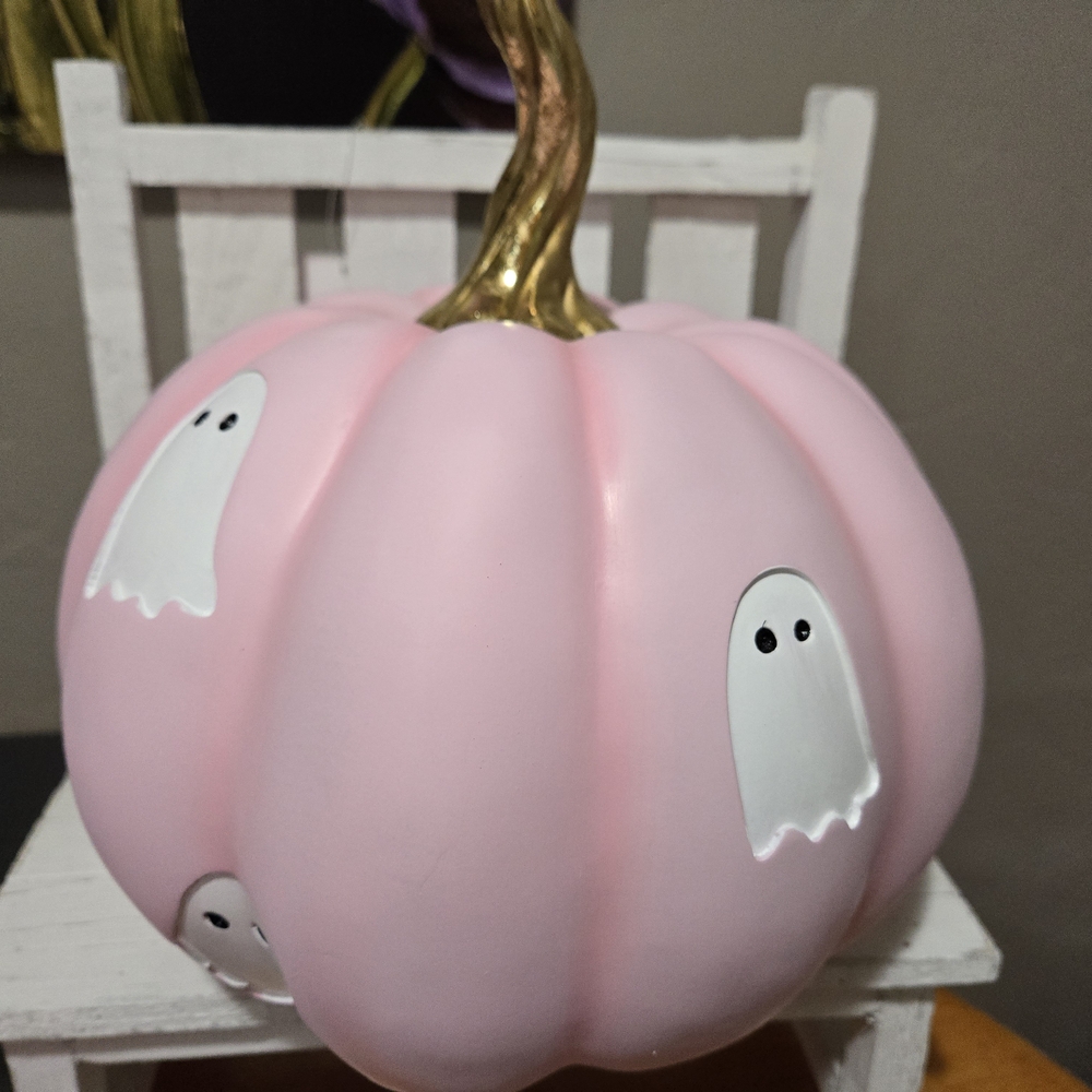 Large Pink Ghost Pumpkin With Gold Stem